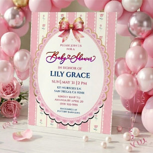 Pink and Gold Bow and Floral Baby Shower Invitation