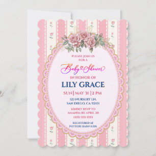 Pink and Gold Bow and Floral Baby Shower Invitation