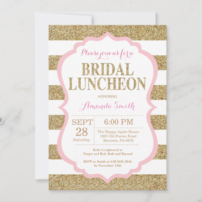 Pink and Gold Bridal Luncheon Invitation Glitter (Front)