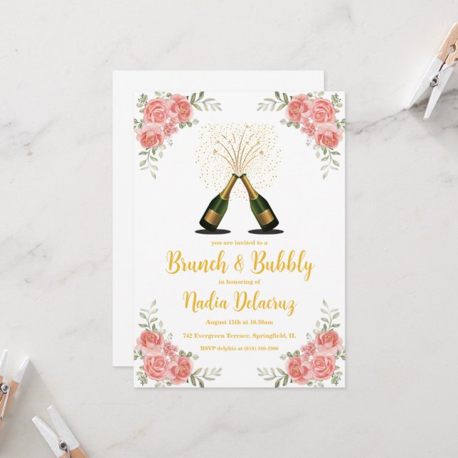 pink and gold brunch and bubbly bridal shower invitation (Front/Back In Situ)