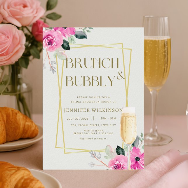 Pink and Gold Brunch & Bubbly Bridal Shower Invitation (Pink and Gold Brunch Bubbly Bridal Shower Invitation)