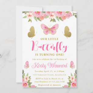 Pink and Gold Butterfly Floral Girl 1st Birthday Invitation