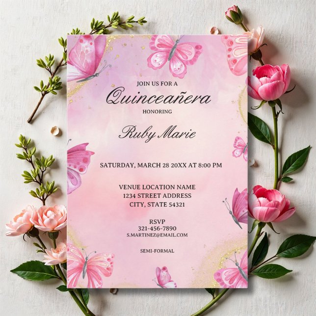 Pink and Gold Butterfly Quinceanera Invitation (Creator Uploaded)