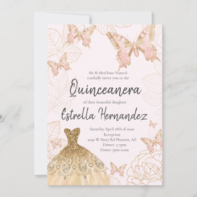 Pink and Gold Butterfly Quinceanera Invitation (Front)