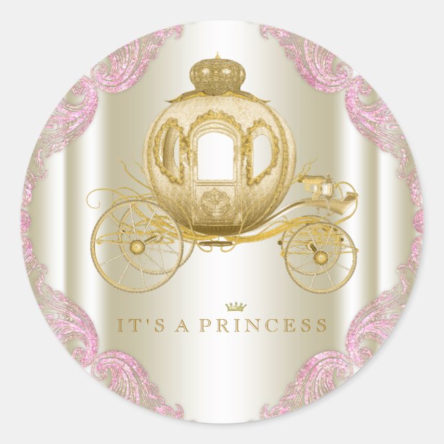 Pink and Gold Carriage Princess Baby Shower Classic Round Sticker (Front)