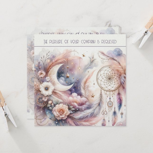 Pink and Gold Celestial Moon Wedding Invitation (Front/Back In Situ)