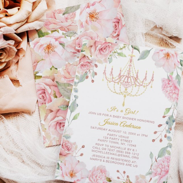 Pink and Gold Chandelier Floral Rose Baby Shower Invitation (Creator Uploaded)
