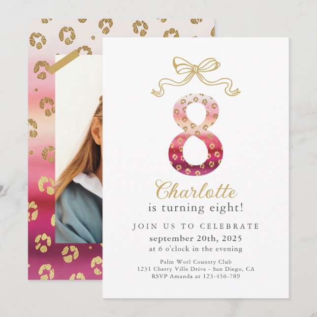 Pink and Gold Cheetah Leopard Print 8th Birthday Invitation (Front/Back)