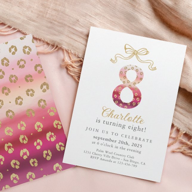 Pink and Gold Cheetah Leopard Print 8th Birthday Invitation (Creator Uploaded)