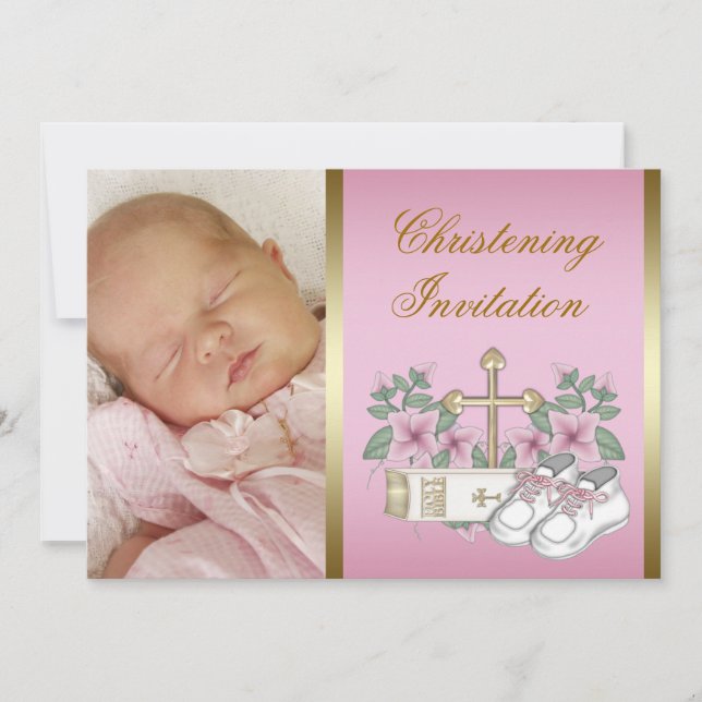 Pink and Gold Christening Invitation (Front)