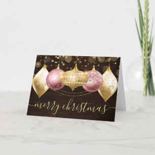 Pink and Gold Christmas Baubles Ornaments Holiday Card