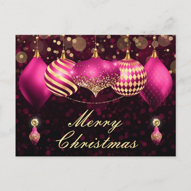 Pink and Gold Christmas Baubles Ornaments Holiday Postcard (Front)