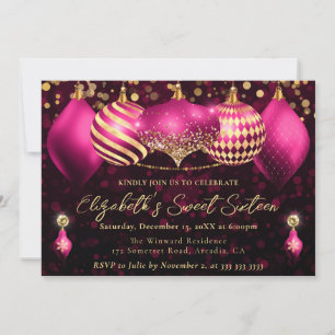 Pink and Gold Christmas Baubles Sweet 16 Invitation