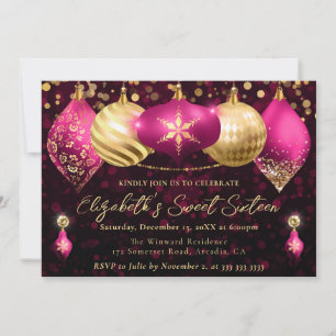 Pink and Gold Christmas Baubles Sweet 16 Invitation