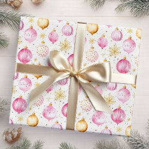 Pink and Gold Christmas Ornaments Wrapping Paper