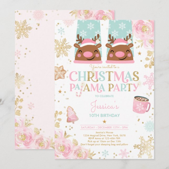 Pink And Gold Christmas Pajama Birthday Party Invitation (Front/Back)