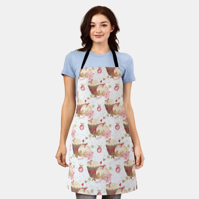 Pink and Gold Christmas Pudding Pattern Apron (Worn)