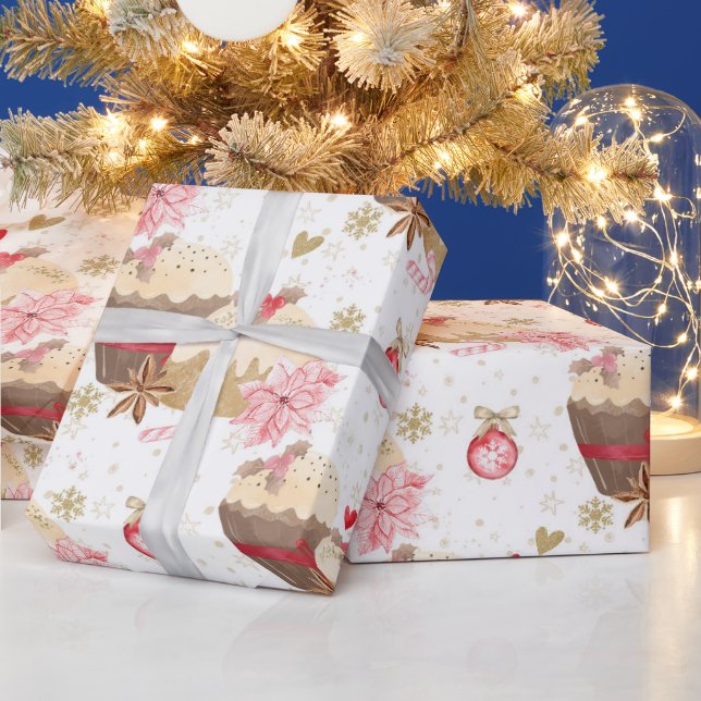 Pink and Gold Christmas Pudding Pattern Wrapping Paper (Holidays)
