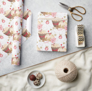 Pink and Gold Christmas Pudding Pattern Wrapping Paper