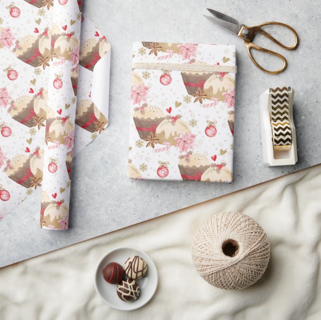Pink and Gold Christmas Pudding Pattern Wrapping Paper (Crafts)