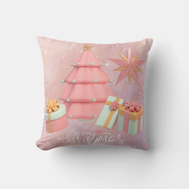 Pink And Gold Christmas Tree And Stars Cushion (Front)