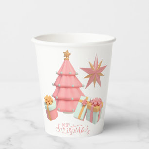 Pink And Gold Christmas Tree And Stars Paper Cups