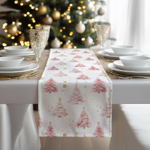Pink and Gold Christmas Trees Short Table Runner