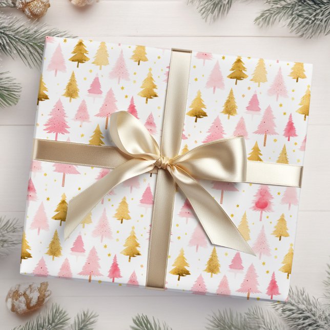 Pink and Gold Christmas Trees Wrapping Paper (Creator Uploaded)