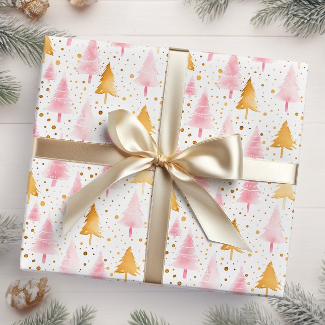 Pink and Gold Christmas Trees Wrapping Paper (Creator Uploaded)