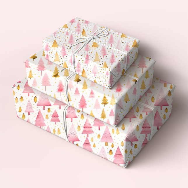 Pink and Gold Christmas Trees Wrapping Paper Sheet (Creator Uploaded)