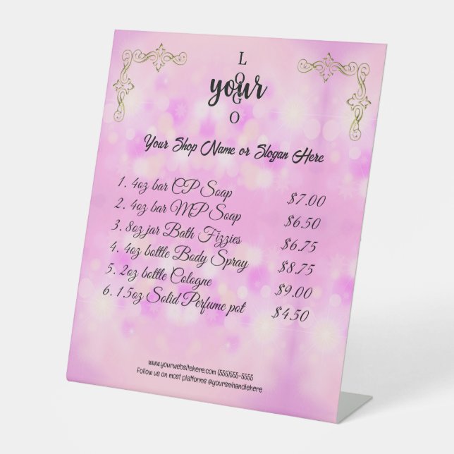 Pink and Gold Company Logo Price List Market Pedestal Sign (Front)