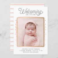 Pink and Gold Confetti Photo Birth Announcement