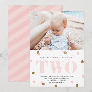 Pink and gold confetti second birthday party invitation