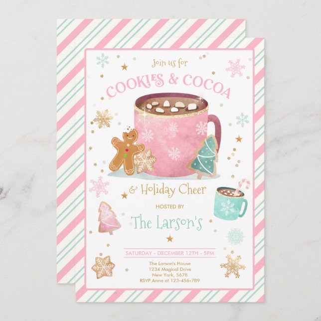 Pink And Gold Cookies And Hot Cocoa Holiday Party Invitation (Front/Back)