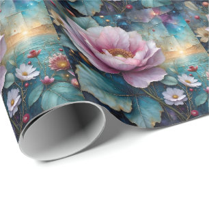 Pink and gold Cosmos Teal Leaves Wrapping Paper
