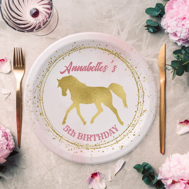 Pink and gold cowgirl horses birthday party  paper plate (Creator Uploaded)