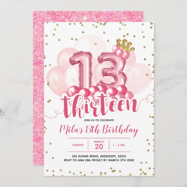 Pink and Gold Crown Balloon Thirteen Birthday Invi Invitation (Front/Back)