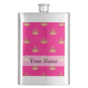 Pink and gold crown pattern hip flask