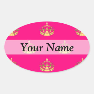 Pink and gold crown pattern oval sticker