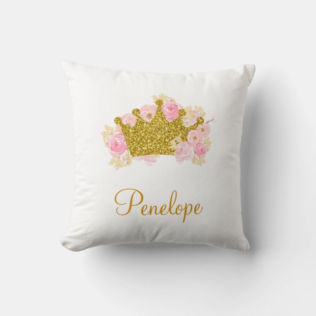Pink And Gold Crown Pillow, Princess Name Cushion (Front)