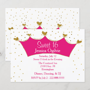 Pink and Gold Crown Sweet 16 Birthday Invitation