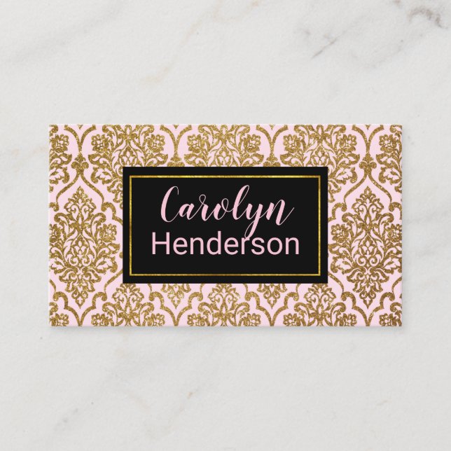 Pink and Gold Damask Chic Business Card (Front)