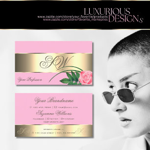Pink and Gold Decor Cute Rose Flower with Monogram Business Card