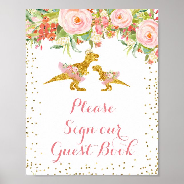 Pink and Gold Dino Please Sign our Guest Book. (Front)