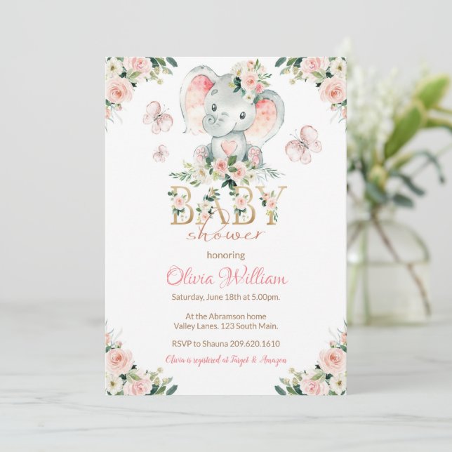 Pink and Gold Elephant Baby Shower Invitation (Standing Front)