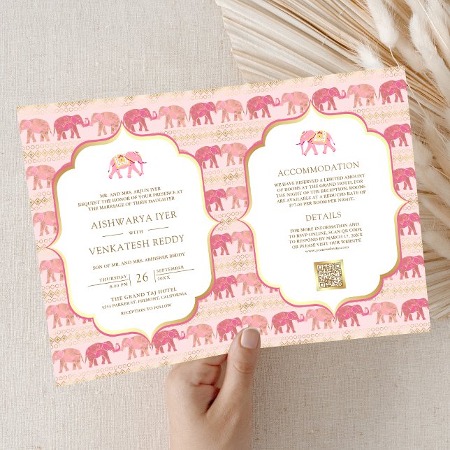 Pink and Gold Elephant Indian All in One Wedding Invitation (Creator Uploaded)