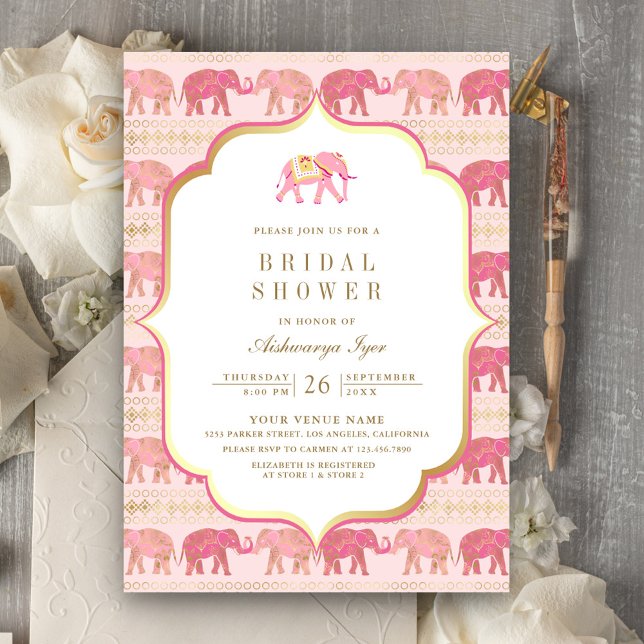Pink and Gold Elephant Indian Bridal Shower Invitation (Creator Uploaded)