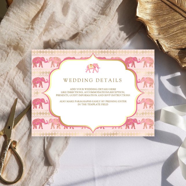 Pink and Gold Elephant Indian Wedding Details Enclosure Card (Creator Uploaded)
