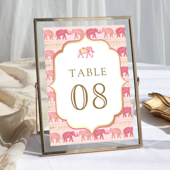 Pink and Gold Elephant Indian Wedding Table Number (Creator Uploaded)