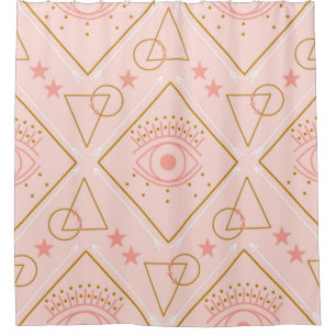 Pink and gold eyes and geometric elements in a sea shower curtain